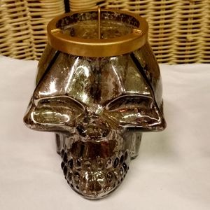 Old East Main Glass Skeleton/SkullHead Candle Holder/Lantern Silver Metallic 8x6